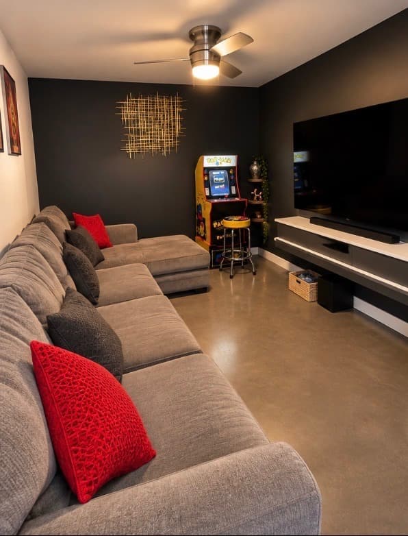 Spacious game lounge with cloud sectional sofa and wall TV