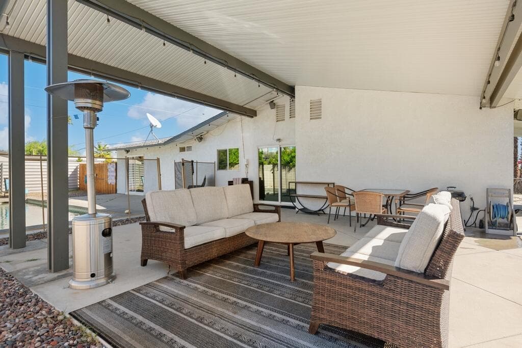 Mid-century exterior glowing at dusk